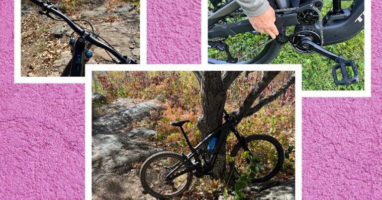 Trek Slash Plus 9.7 SLX XT Electric Mountain Bike Reviewer Collage 102024 SOURCE Stephanie Pearson